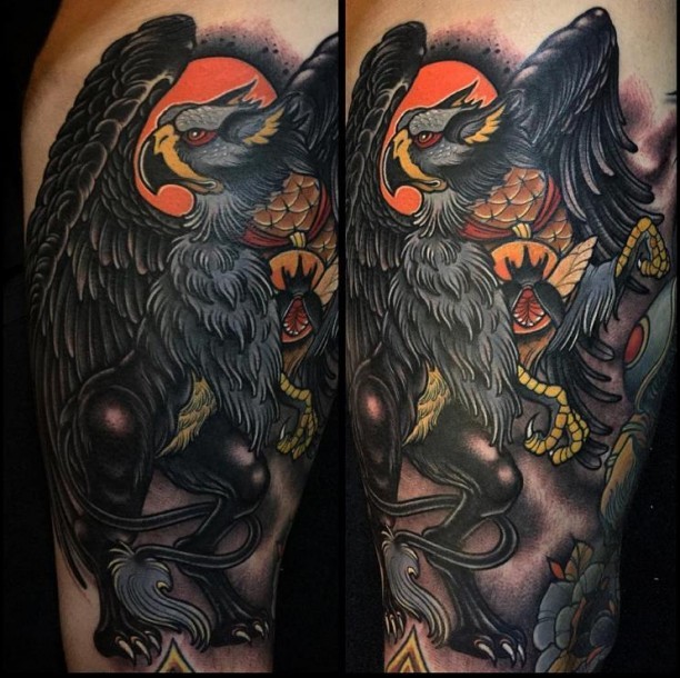 Modern traditional style colored tattoo of big bird