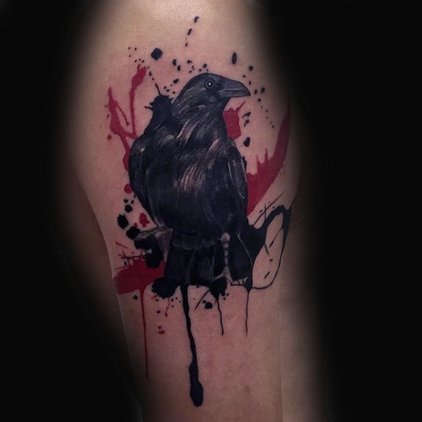 Modern traditional style colored thigh tattoo of crow