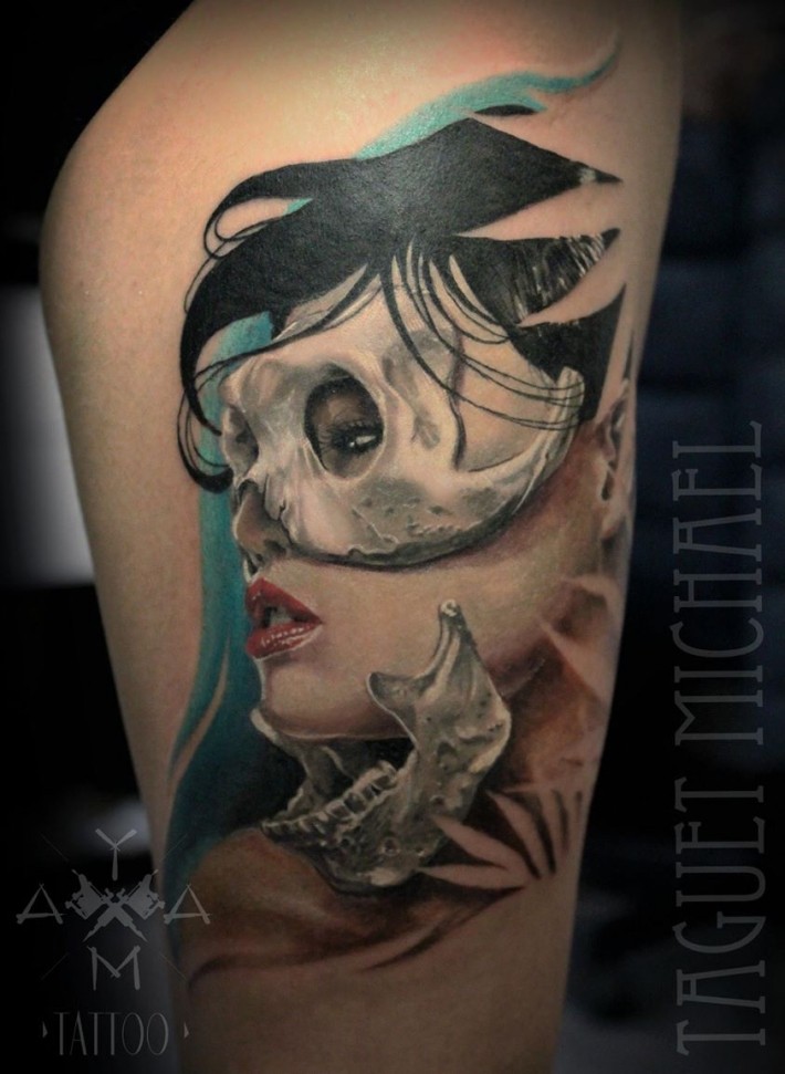 Modern traditional style colored thigh tattoo of woman in bone mask