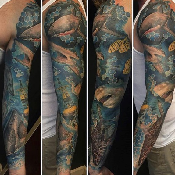 Modern traditional style colored various types of shark tattoo on sleeve