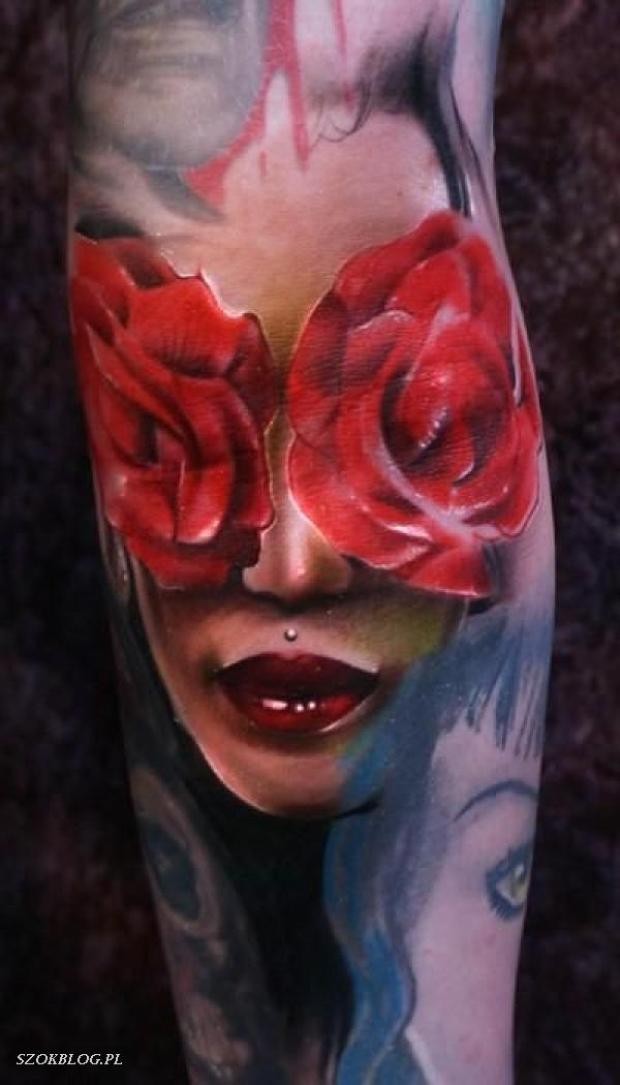Modern traditional style colored woman face tattoo combined with roses