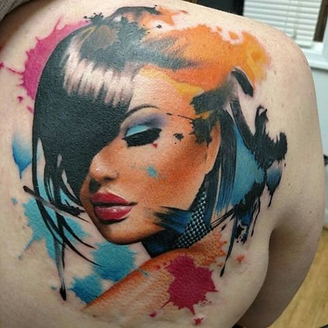 Modern traditional style colored woman portrait tattoo on scapular