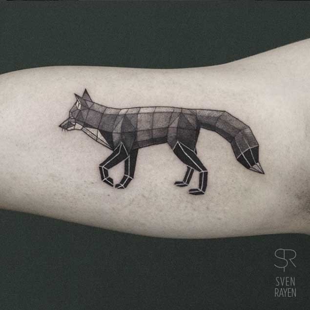 Mosaic style colored biceps tattoo of interesting fox