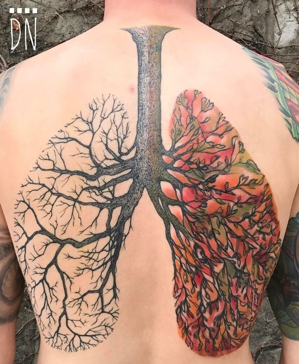 Multicolored by Dino Nemec large whole back tattoo of tree