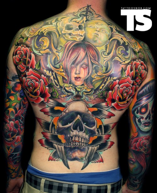 Multicolored creepy looking back tattoo of creepy monsters with skull