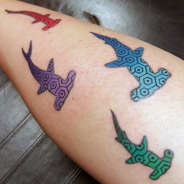 Multicolored original designed sharks tattoo on leg
