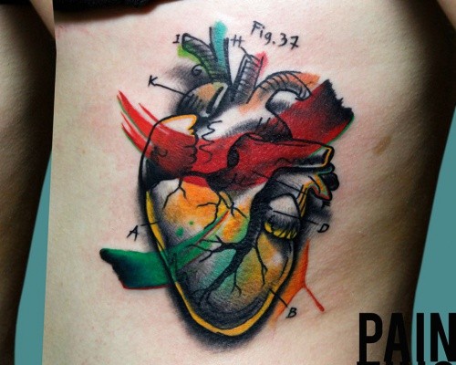 Multicolored thigh tattoo of human heart and lettering