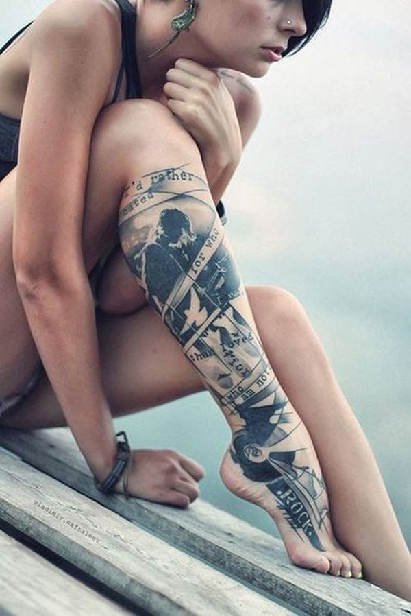 Tatuaje en la pierna, tema de cantante con inscripciones, diseño negro blanco