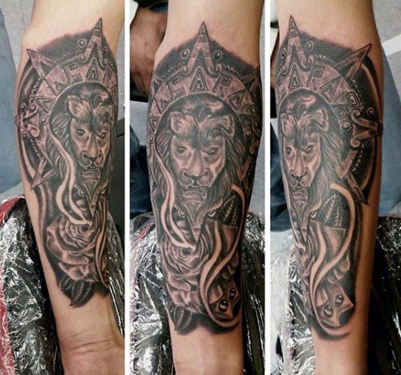Mysterious black ink forearm tattoo of lion with ancient sculpture and flower