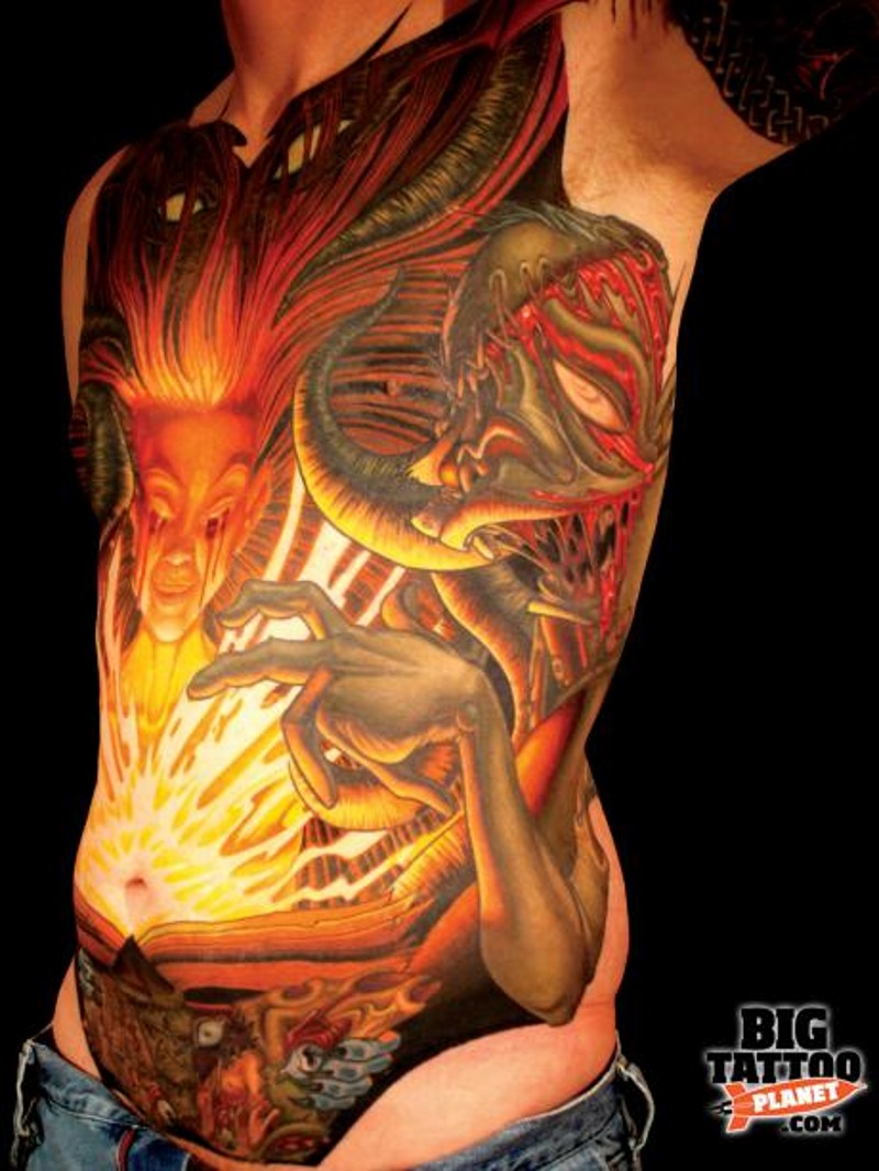 Mysterious colored witch with spell book tattoo on whole chest combined with demonic monsters