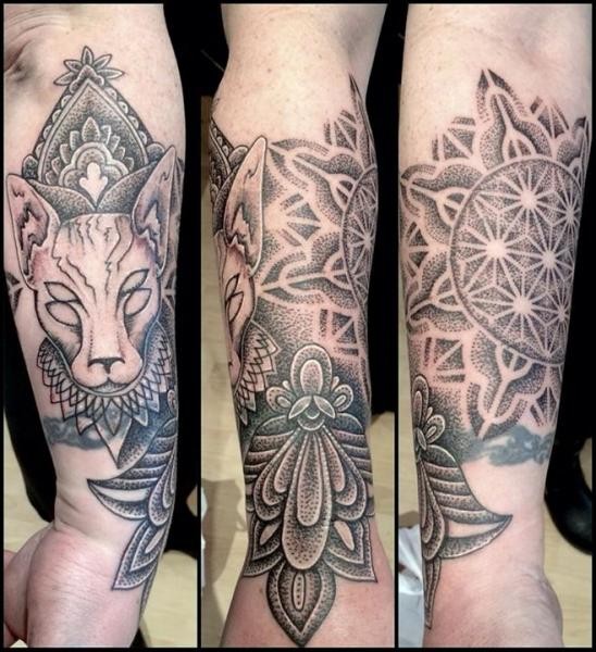 Mysterious dot style forearm tattoo of creepy cat with floral ornaments