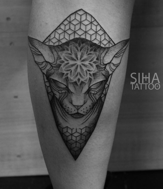 Mysterious dot style tattoo of evil sphinx cat with floral ornaments