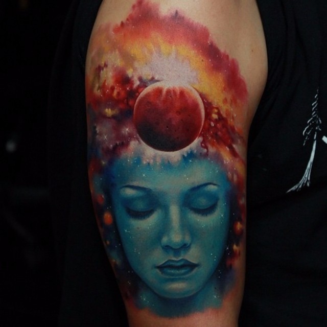 Mysterious style colored shoulder tattoo of woman portrait and space