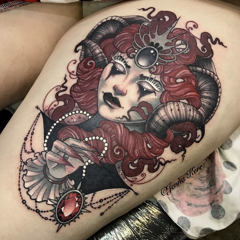 Mysterious style colored thigh tattoo of demonic woman with red diamond by Jenna Kerr
