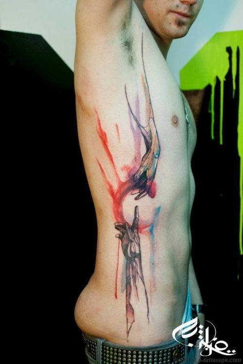Mysterious style designed colored wooden like arms tattoo on side and waist
