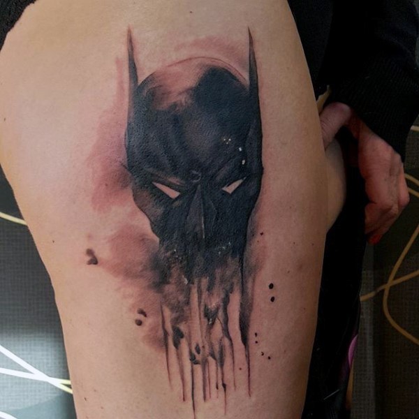 Mystical abstract style colored thigh tattoo of Batman