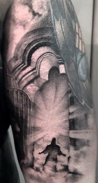 Mystical black and gray style interesting looking Paradise gates tattoo on arm