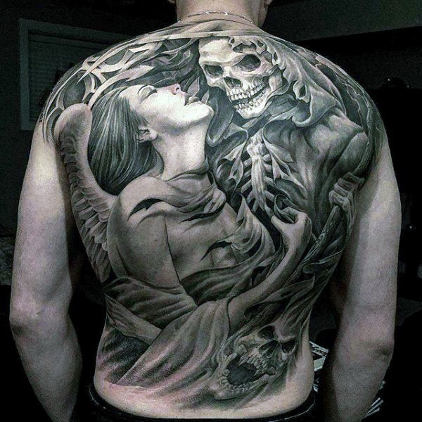 Mystical black and white angel with death tattoo on whole back