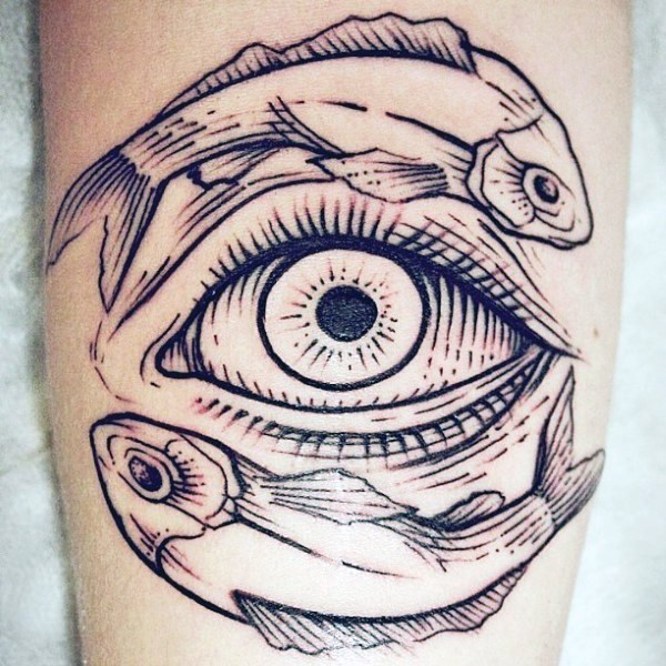 Mystical black ink engraving style forearm tattoo of human eye with fishes