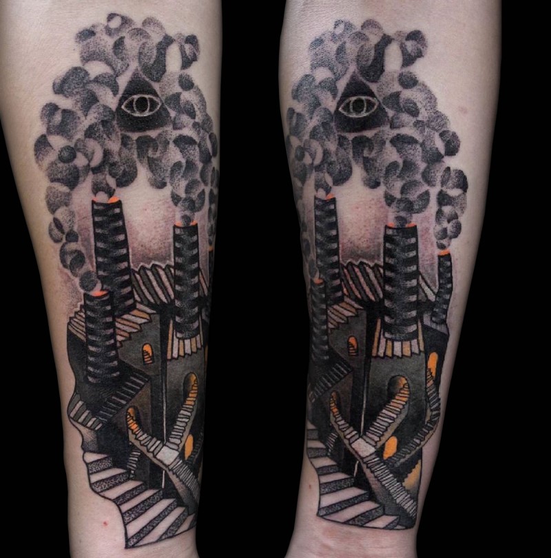 Mystical black ink forearm tattoo of steamy houses