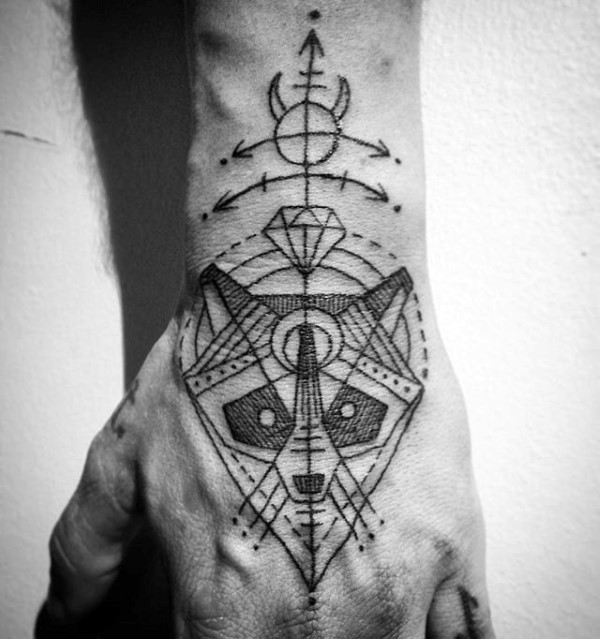 Mystical black ink hand tattoo of raccoon head with symbols