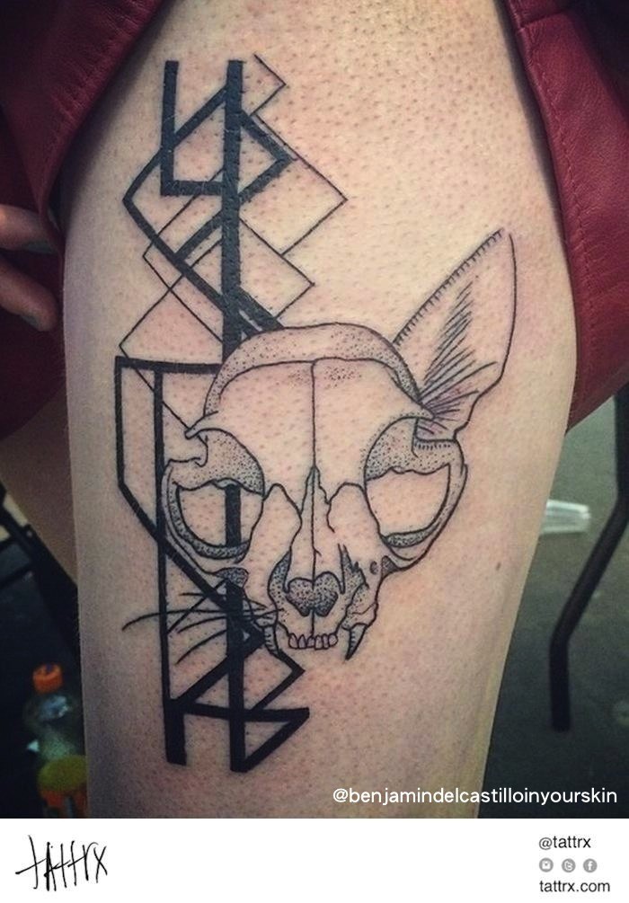 Mystical black ink tattoo of cats skull with geometrical ornaments