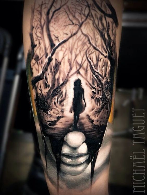 Mystical black ink tattoo of terrifying woman in dark forest
