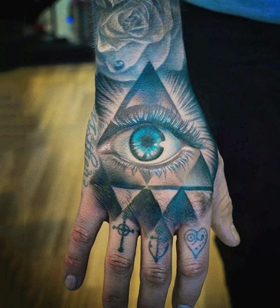 Mystical colored hand tattoo of human eye in triangle