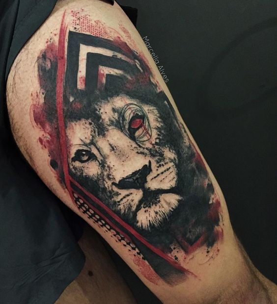 Mystical colored tattoo of tiger with red eye