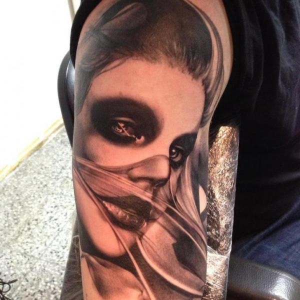 Mystical creepy looking black and gray style shoulder tattoo of woman portrait