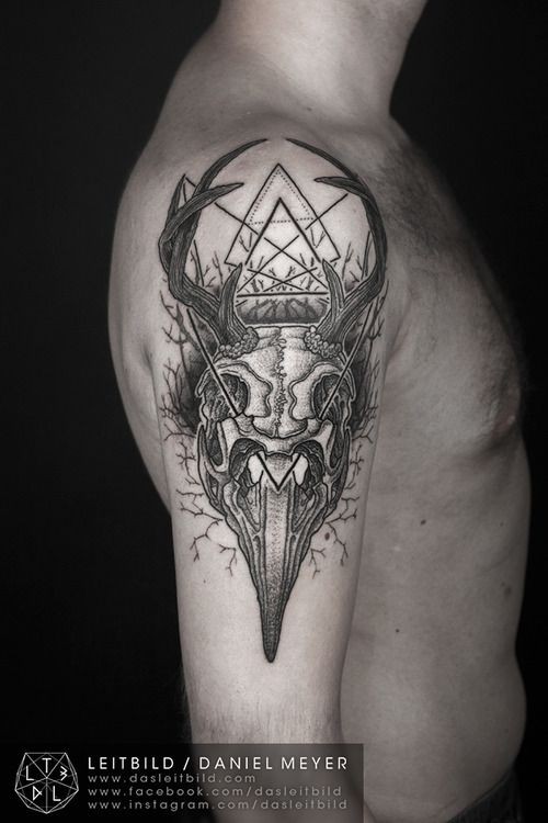 Mystical cult like black and white animal skull with symbols tattoo on shoulder