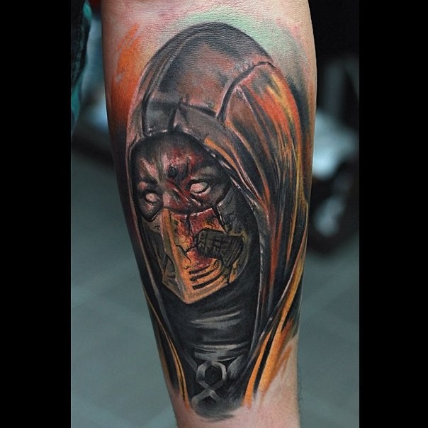 Mystical designed and colored leg tattoo of cool looking demonic warrior