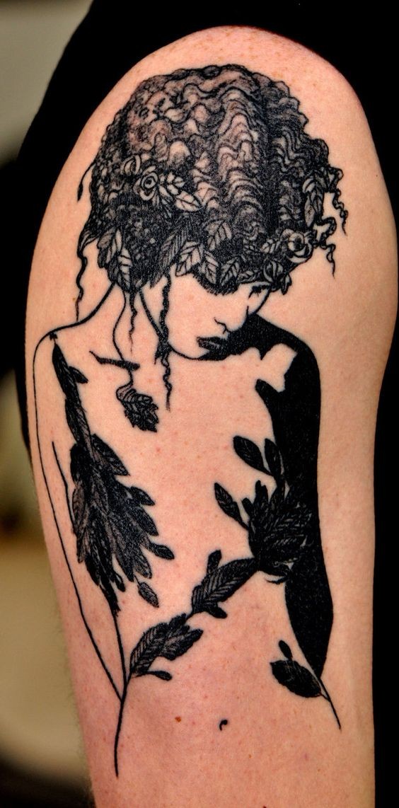 Mystical detailed black and white naked woman tattoo on shoulder