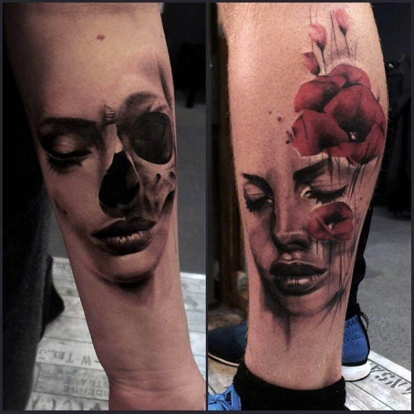 Mystical detailed looking horrifying woman portrait whit flowers tattoo on leg