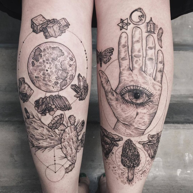 Mystical engraving style black ink leg tattoo of various mushrooms with human hand and eye