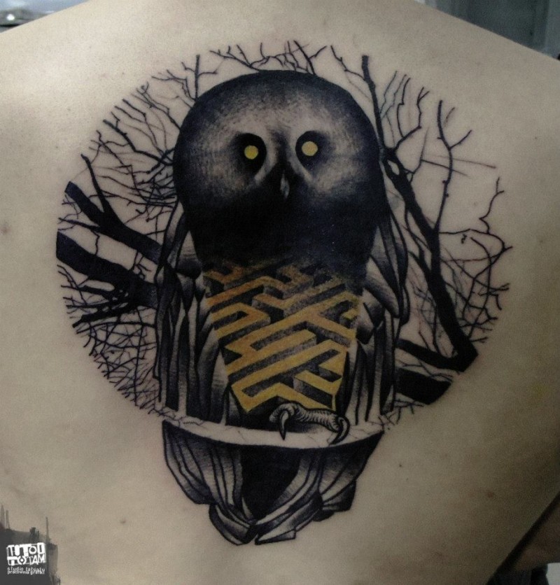Mystical engraving style colored upper back tattoo of owl with ornaments