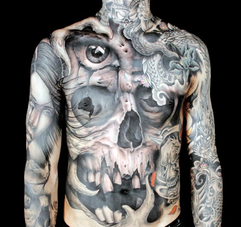 Mystical horrifying detailed various monsters tattoo on whole body