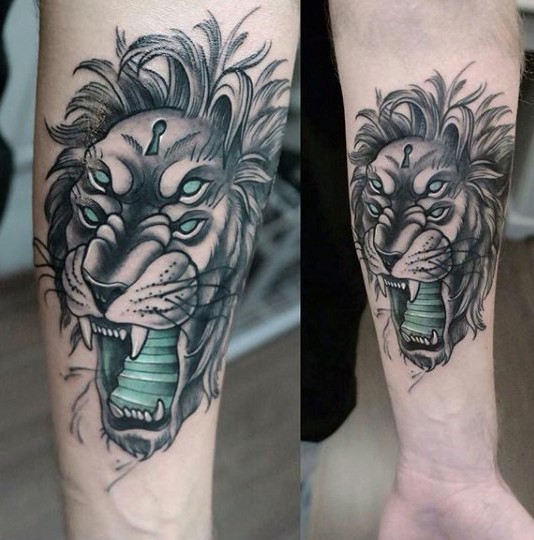 Mystical illustrative style colored lion head with lock hole and stairs