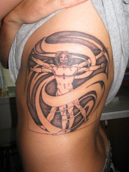 Mystical illustrative style side tattoo of Vitruvian man portrait