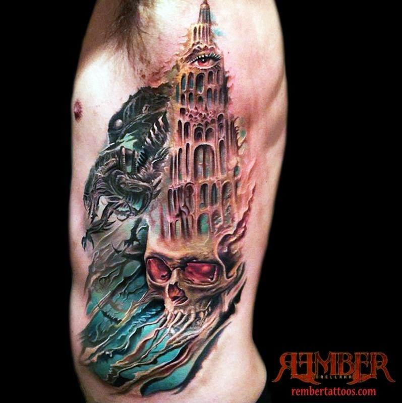 Mystical looking colored side tattoo of demonic skull with big tower
