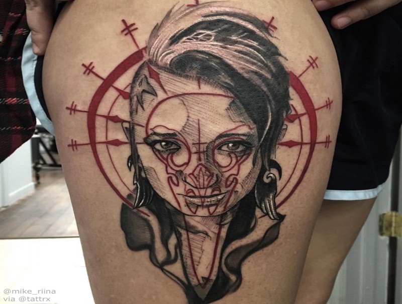 Mystical looking colored thigh tattoo of creepy pierced woman
