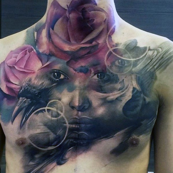 Mystical multicolored woman portrait with crow and flowers tattoo on chest