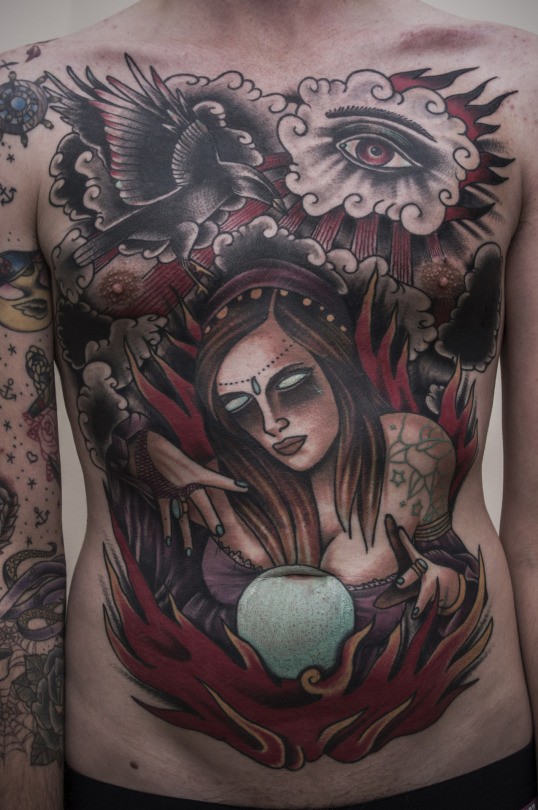 Mystical old school style demonic witch with crows tattoo on whole chest