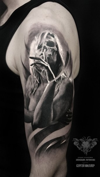 Mystical realism style shoulder tattoo of creepy woman with skull