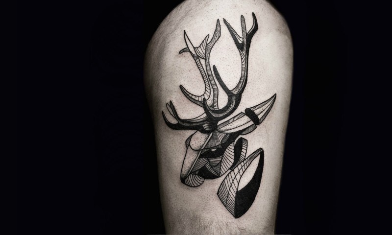 Mystical style black ink sampled animal tattoo on thigh