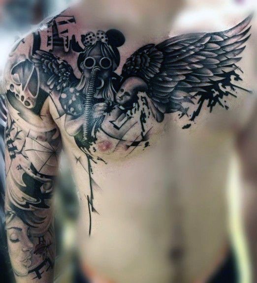 Mystical very detailed black ink angel in gas mask tattoo on chest