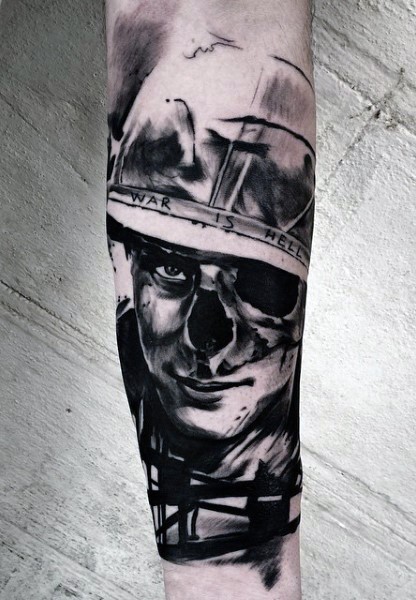 Mystical war themed half dead soldier portrait tattoo on arm