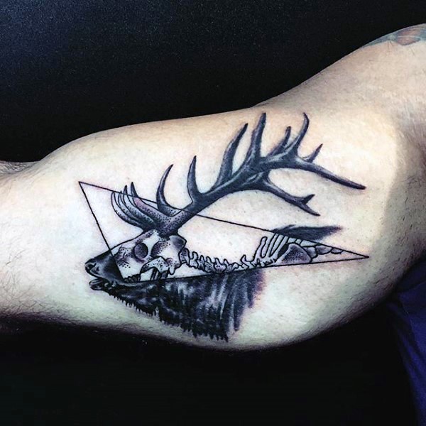 Mystical X-Ray like black ink biceps tattoo of deer
