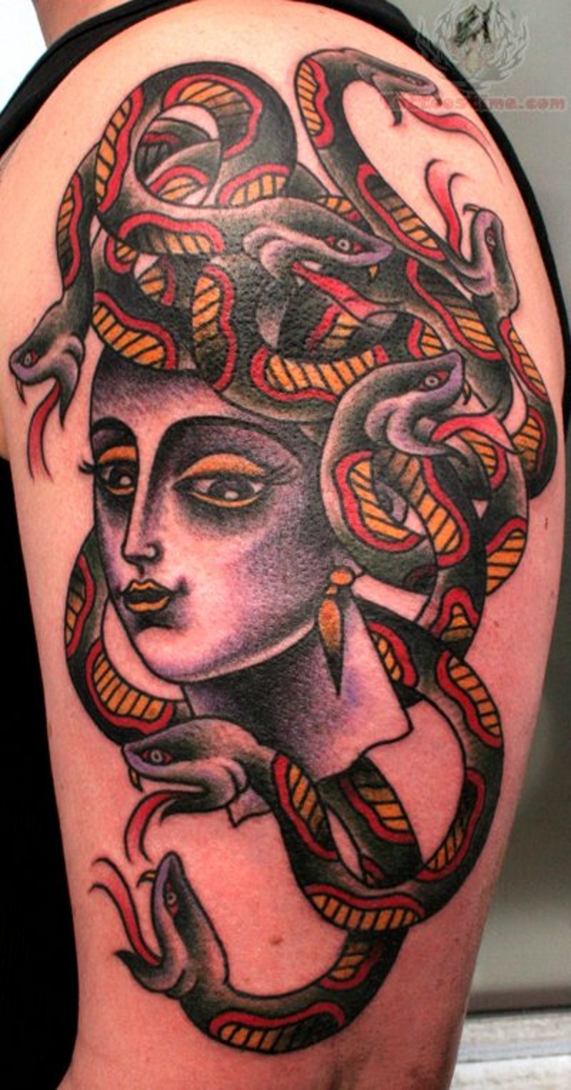Mystique colored Gorgon Medusa shoulder tattoo in original old school style