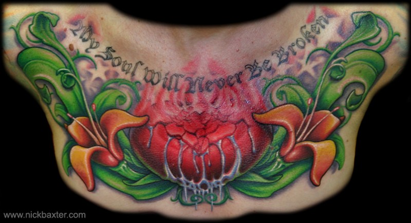 Natural colored beautiful flowers tattoo on chest with lettering